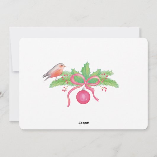 水彩画のヒイラギのリースの"メリークリスマス + 写真 シーズンカード (裏面)