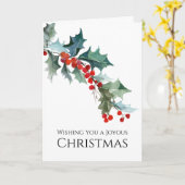 水彩画のヒイラギの小枝の嬉しいクリスマス カード (黄色い花)