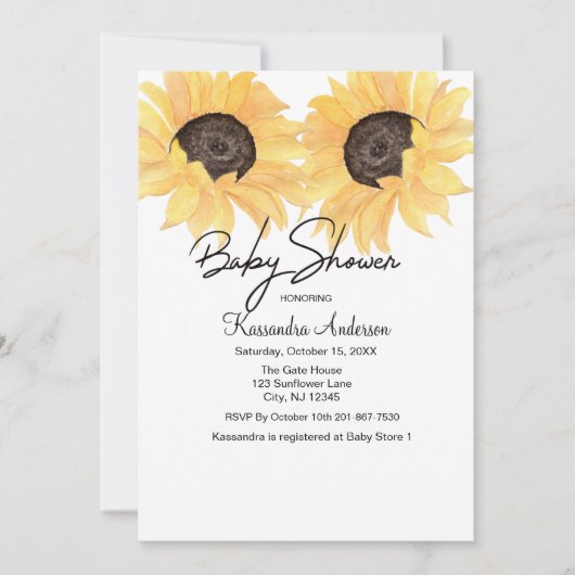水彩画のヒマワリの中立性のベビーシャワー 招待状 (正面)