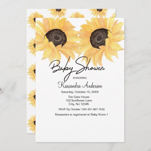 水彩画のヒマワリの中立性のベビーシャワー 招待状 (正面/裏面)