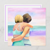 水彩画のビーチでのレズビアンカップルの結婚式 招待状 (正面/裏面)