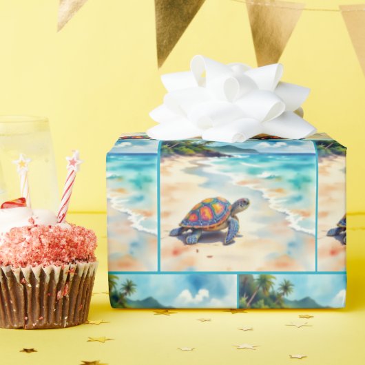 水彩画のビーチのウミガメ ラッピングペーパー (誕生日パーティー)