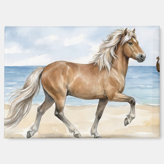水彩画のビーチの上のFjara アイスランドの馬 マグネット (正面)