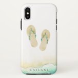 水彩画のビーチの植物のビーチサンダル iPhone XSケース<br><div class="desc">名前、iPhoneの場合と名前入りな砂浜のアクセントのエレガントな水彩画の熱帯島の植物の装飾されたビーチサンダル。</div>