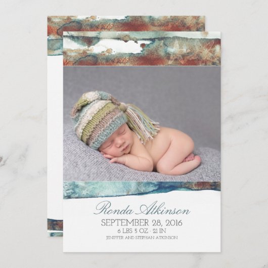 水彩画のビーチの生まれたばかりのなベビーの写真の誕生 案内状 (正面/裏面)