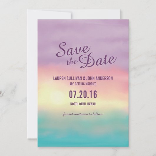 水彩画のビーチサンセットロマンス | Save the Date 招待状 (正面)
