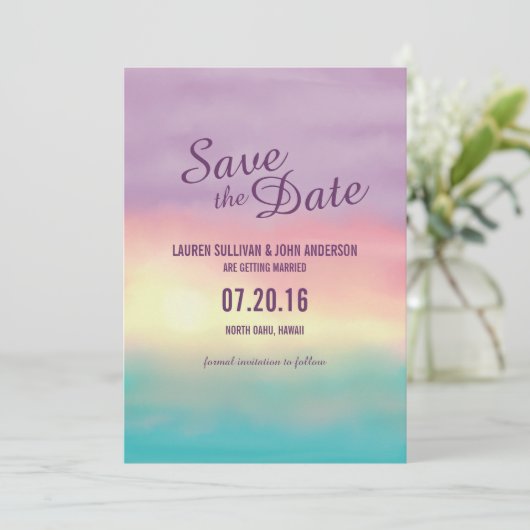 水彩画のビーチサンセットロマンス | Save the Date 招待状 (スタンド正面)