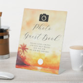 水彩画のビーチサンセット写真ゲストブック ウェディング 台座サイン (インサイチュ)