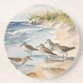 水彩画のビーチシーン シギ 海鳥 コースター (正面)