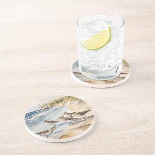 水彩画のビーチシーン シギ 海鳥 コースター (側面)