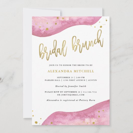 水彩画のピンクおよび金ゴールドのGeodeのブライダルのブランチ 招待状 (正面)