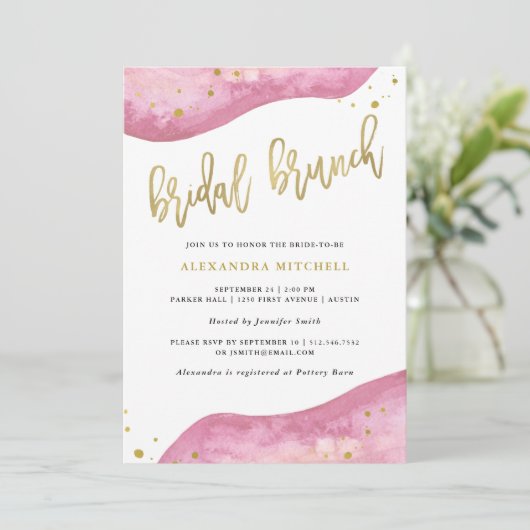 水彩画のピンクおよび金ゴールドのGeodeのブライダルのブランチ 招待状 (スタンド正面)