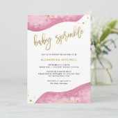水彩画のピンクおよび金ゴールドのGeodeのベビーは振りかけます 招待状 (スタンド正面)