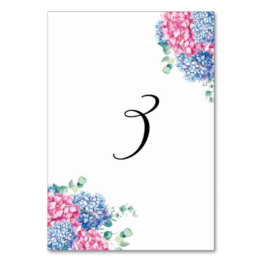 水彩画のピンクおよび青いアジサイ表3 テーブルナンバー (正面)