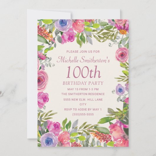 水彩画のピンクとパープルの野の花 100歳の誕生日 招待状 (正面)