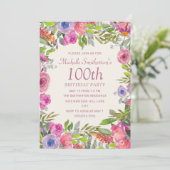 水彩画のピンクとパープルの野の花 100歳の誕生日 招待状 (スタンド正面)