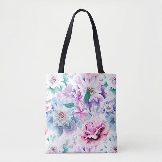 水彩画のピンクと青の花 トートバッグ (正面)