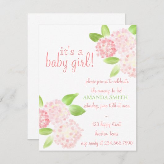 水彩画のピンクのアジサイのベビーシャワーの招待 招待状 (正面/裏面)