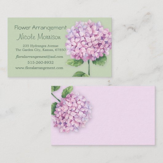水彩画のピンクのアジサイの花 名刺 (正面/裏面)