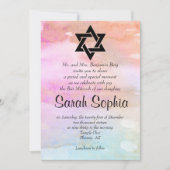 水彩画のピンクのオレンジ青い金ゴールドの女の子バルミツワー 招待状 (正面)