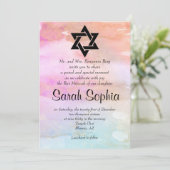 水彩画のピンクのオレンジ青い金ゴールドの女の子バルミツワー 招待状 (スタンド正面)