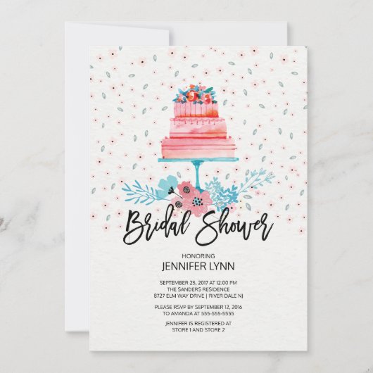 水彩画のピンクのケーキのブライダルシャワーの招待状 招待状 (正面)