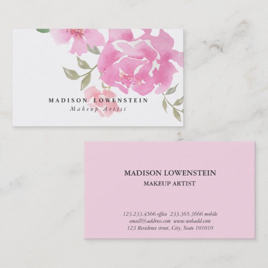 水彩画のピンクのシャクヤクの花 名刺 (正面/裏面)