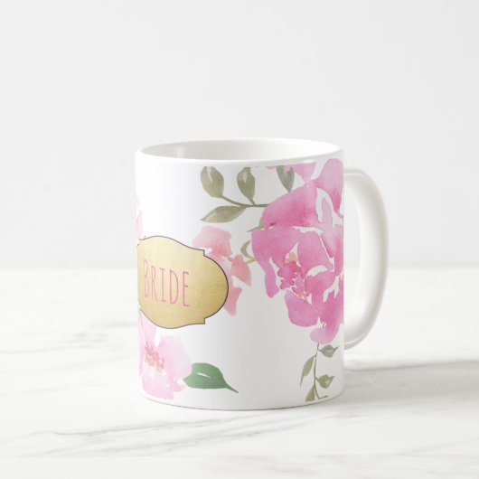 水彩画のピンクのシャクヤクの金ゴールドホイルの花嫁 コーヒーマグカップ (正面右)