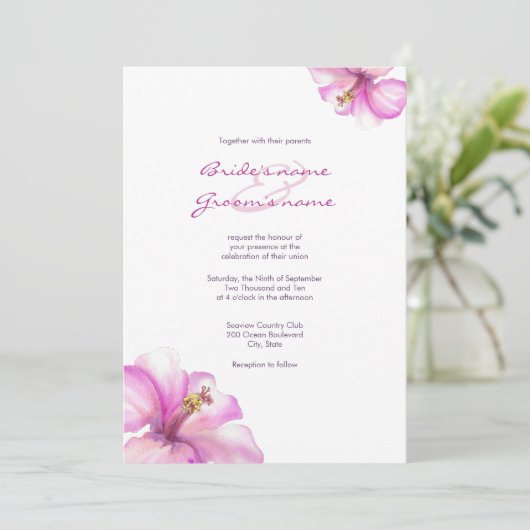 水彩画のピンクのハイビスカスの結婚式招待状 招待状 (スタンド正面)