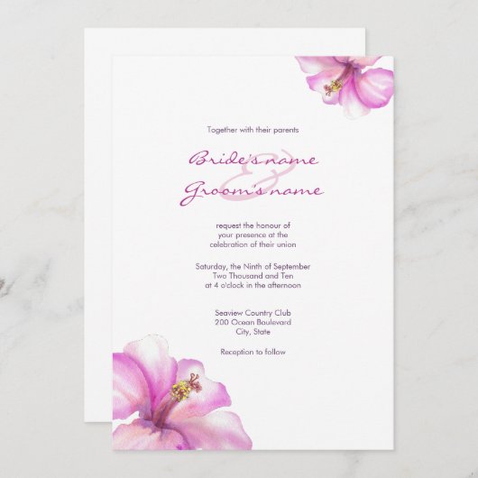水彩画のピンクのハイビスカスの結婚式招待状 招待状 (正面/裏面)