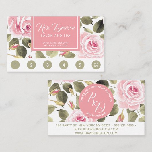 水彩画のピンクのバラのロイヤリティ 名刺 (正面/裏面)