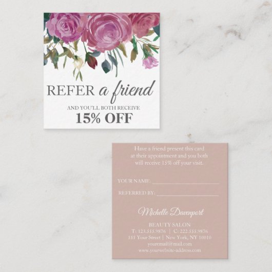 水彩画のピンクのバラの正方形のエレガントな紹介カード 紹介カード (正面/裏面)