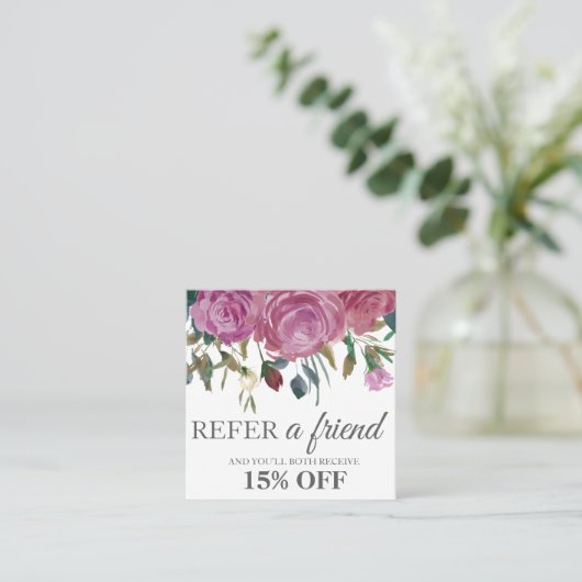 水彩画のピンクのバラの正方形のエレガントな紹介カード 紹介カード (スタンド正面)