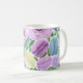 水彩画のピンクのバラの花 緑の葉 白 コーヒーマグカップ (正面右)