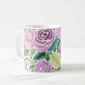 水彩画のピンクのバラの花 緑の葉 白 コーヒーマグカップ (正面左)