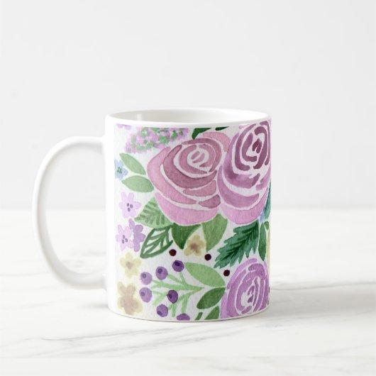 水彩画のピンクのバラの花 緑の葉 白 コーヒーマグカップ (左)