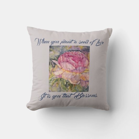 水彩画のピンクのバラ愛詩歌の装飾用クッション クッション (正面)