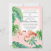 水彩画のピンクのフラミンゴのビーチのバナナの葉 招待状 (正面)