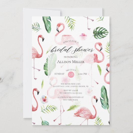 水彩画のピンクのフラミンゴのブライダルシャワーの招待状 招待状 (正面)
