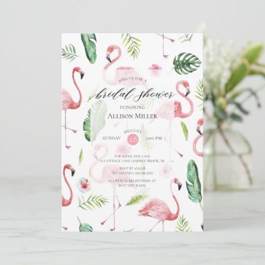 水彩画のピンクのフラミンゴのブライダルシャワーの招待状 招待状 (スタンド正面)