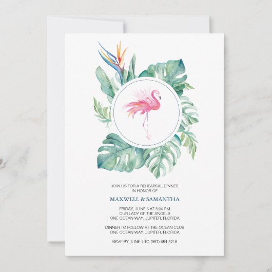 水彩画のピンクのフラミンゴのリハーサルの夕食 招待状 (正面)