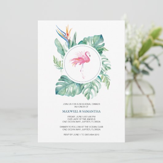 水彩画のピンクのフラミンゴのリハーサルの夕食 招待状 (スタンド正面)