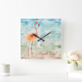 水彩画のピンクのフラミンゴ|の熱帯島の時間 スクエア壁時計 (ホーム)