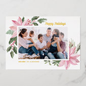 水彩画のピンクのポインセチア　ハッピーホリデイズの写真 箔シーズンカード (正面)