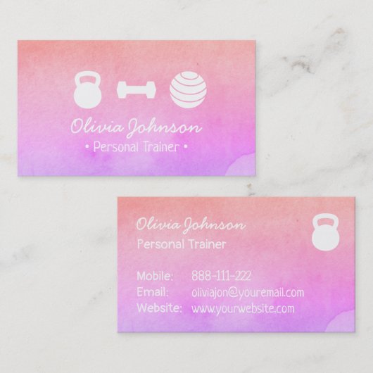水彩画のピンクの健康のフィットネスのパーソナルトレーナー 名刺 (正面/裏面)