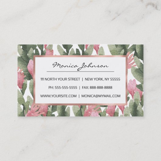水彩画のピンクの切り妻の緑の抽象芸術のサボテンの花柄 名刺 (裏面)