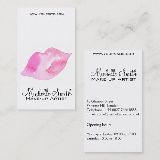 水彩画のピンクの唇の化粧のブランディング 名刺 (正面/裏面)