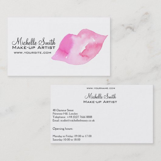 水彩画のピンクの唇の化粧のブランディング 名刺 (正面/裏面)