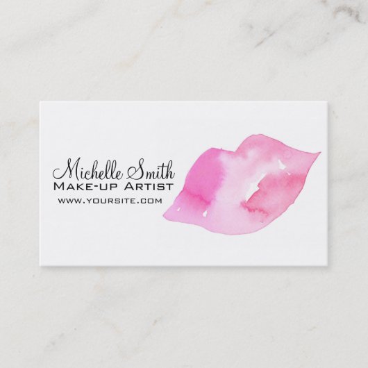 水彩画のピンクの唇の化粧のブランディング 名刺 (正面)