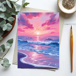 水彩画のピンクの夕焼けの波の海 ポストカード